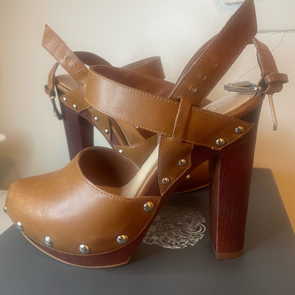 Vince Camuto Tan Leather Studded Mules